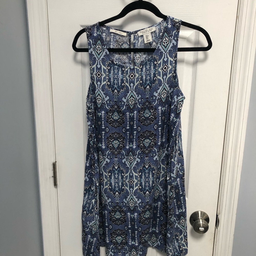 Rachel Zoe 100% linen summer casual blue tribal ikat print tank dress size S